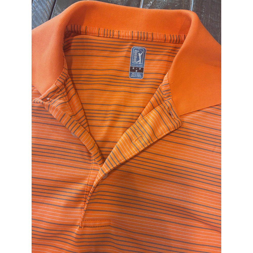 PGA TOUR Polo Shirt Mens Medium‎ Orange Gray Striped Golf Athletic Casual